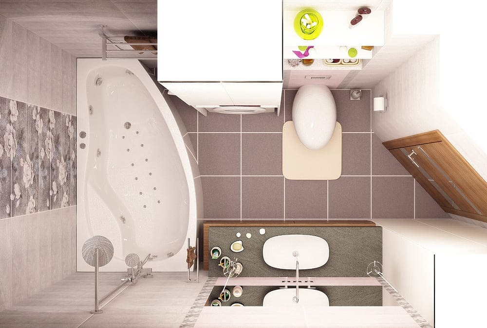 Современный санузел с гидромассажной ванной и декоративной цветочной плиткой &mdash; дизайн-проект в светлых тонах