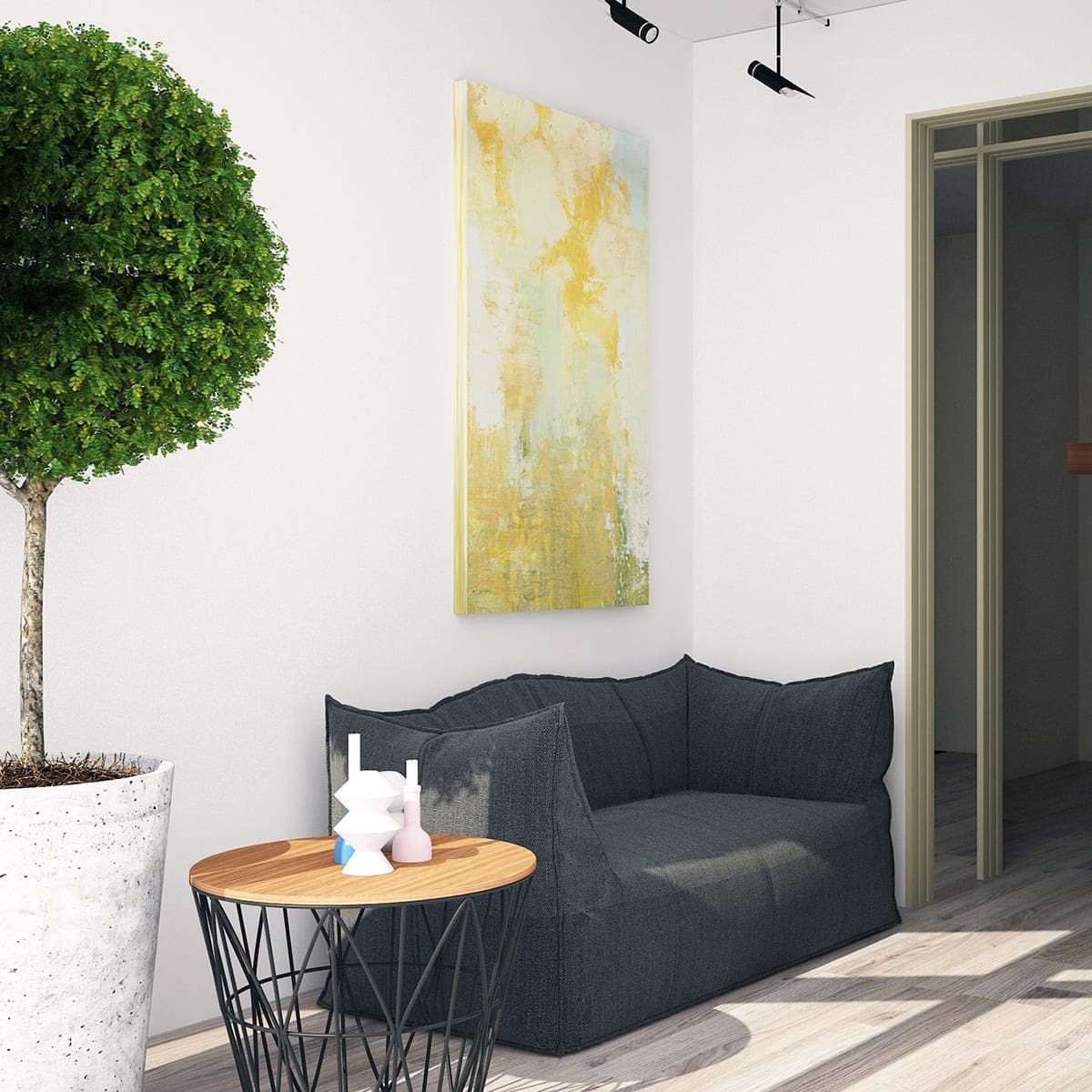 Лаконичный дизайн лоджии в стиле минимализм с мягким диваном, абстрактной картиной и высоким декоративным растением