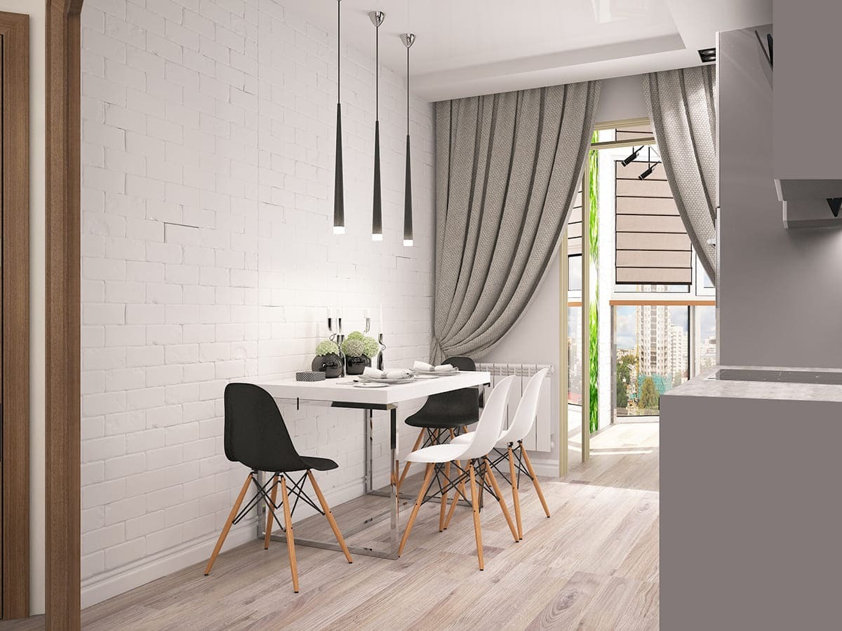 Дизайн-проект кухни с большими окнами, плотными графитовыми шторами, белыми фасадами и выходом на лоджию