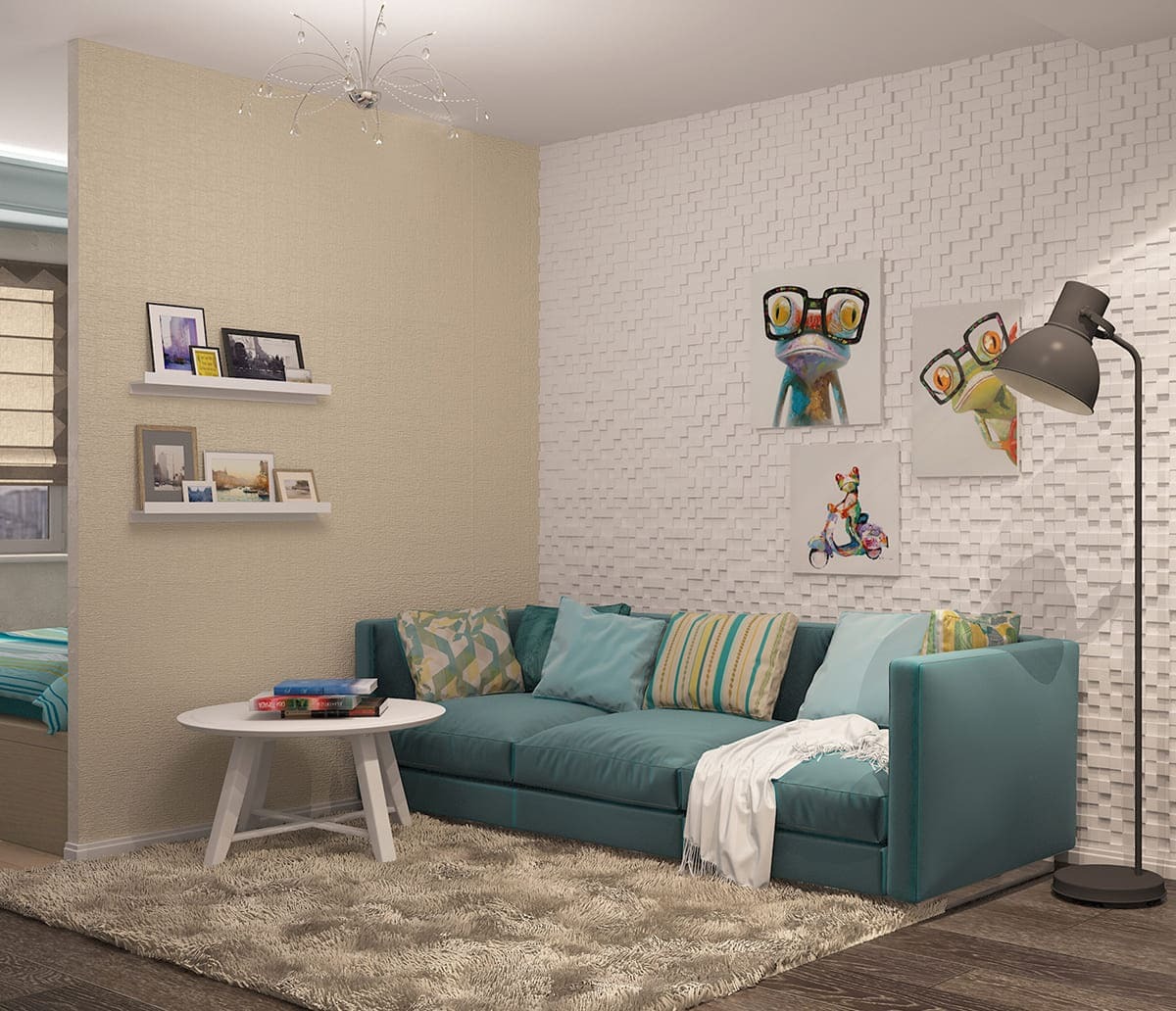 Рабочий стол с подсветкой, зеркалом и встроенными полками в спальне-гостиной