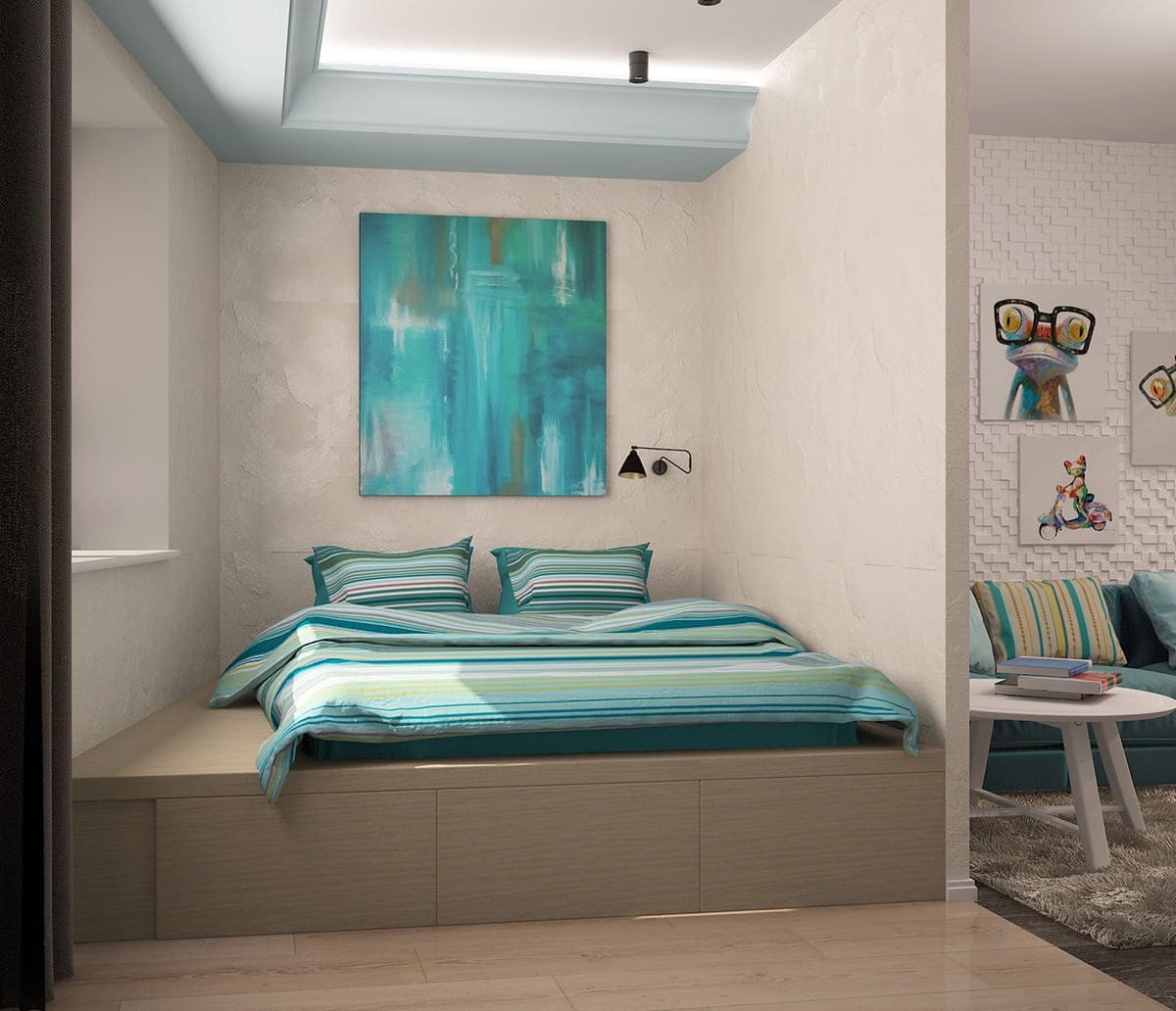 Спальня с мягкой подсветкой по периметру потолка и абстрактной мятно-желтой картиной над кроватью