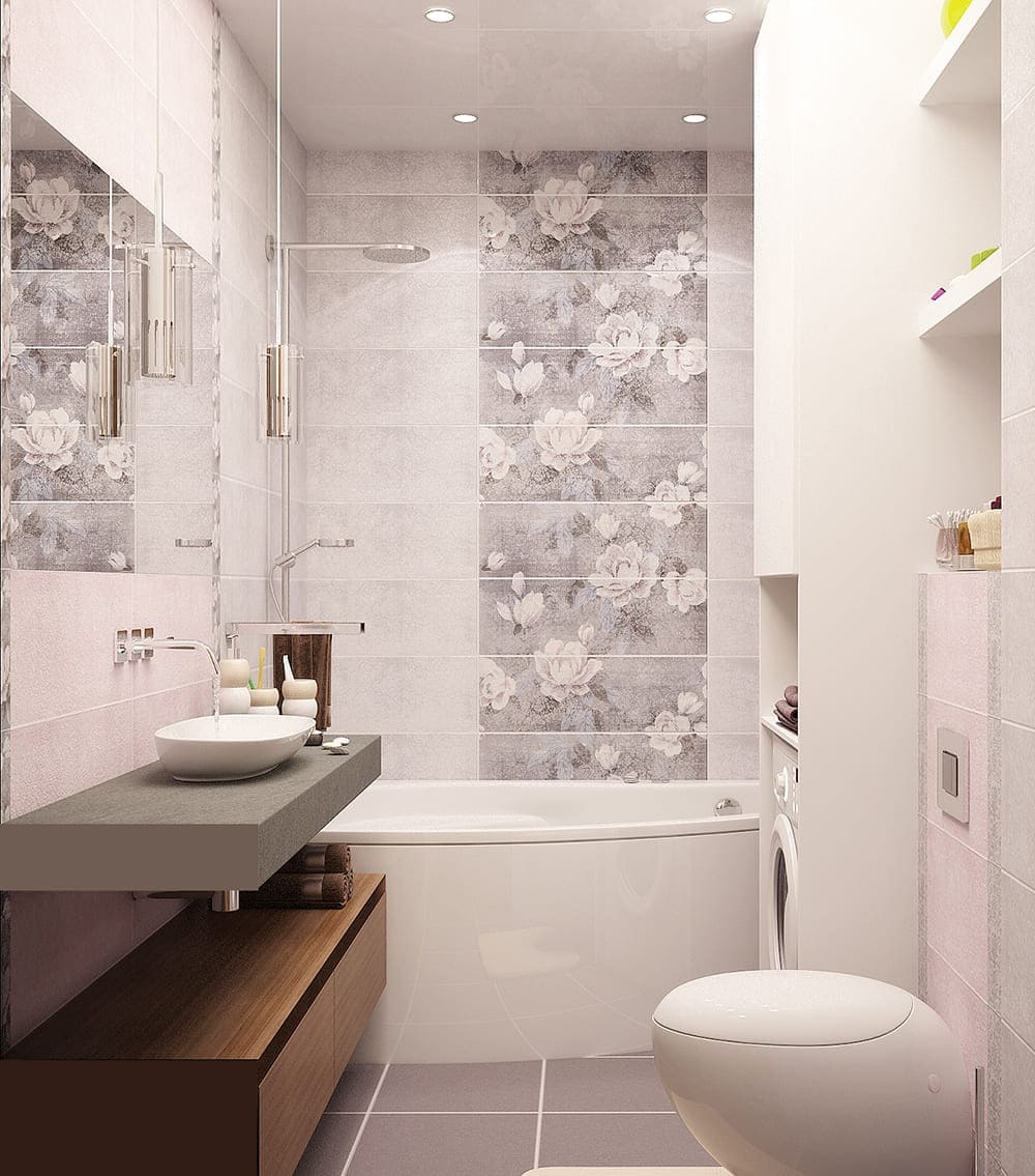 Интерьер ванной комнаты с плиткой под цветы, ванной, раковиной и встроенной стиральной машиной &mdash; современный дизайн санузла