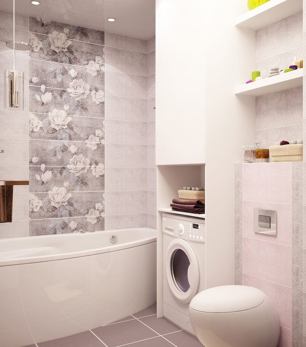 Современная ванная комната с декоративной цветочной плиткой в зоне ванны и светлым минималистичным оформлением