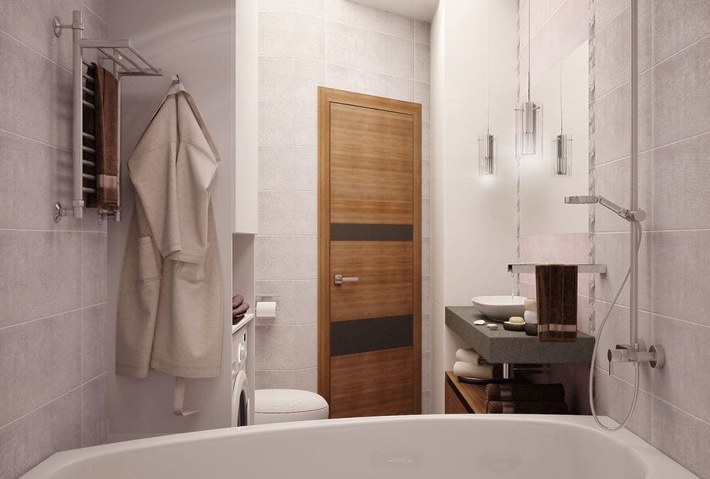 Вход в ванную комнату: деревянная дверь, полотенцесушитель, подвесная тумба и современная отделка стен