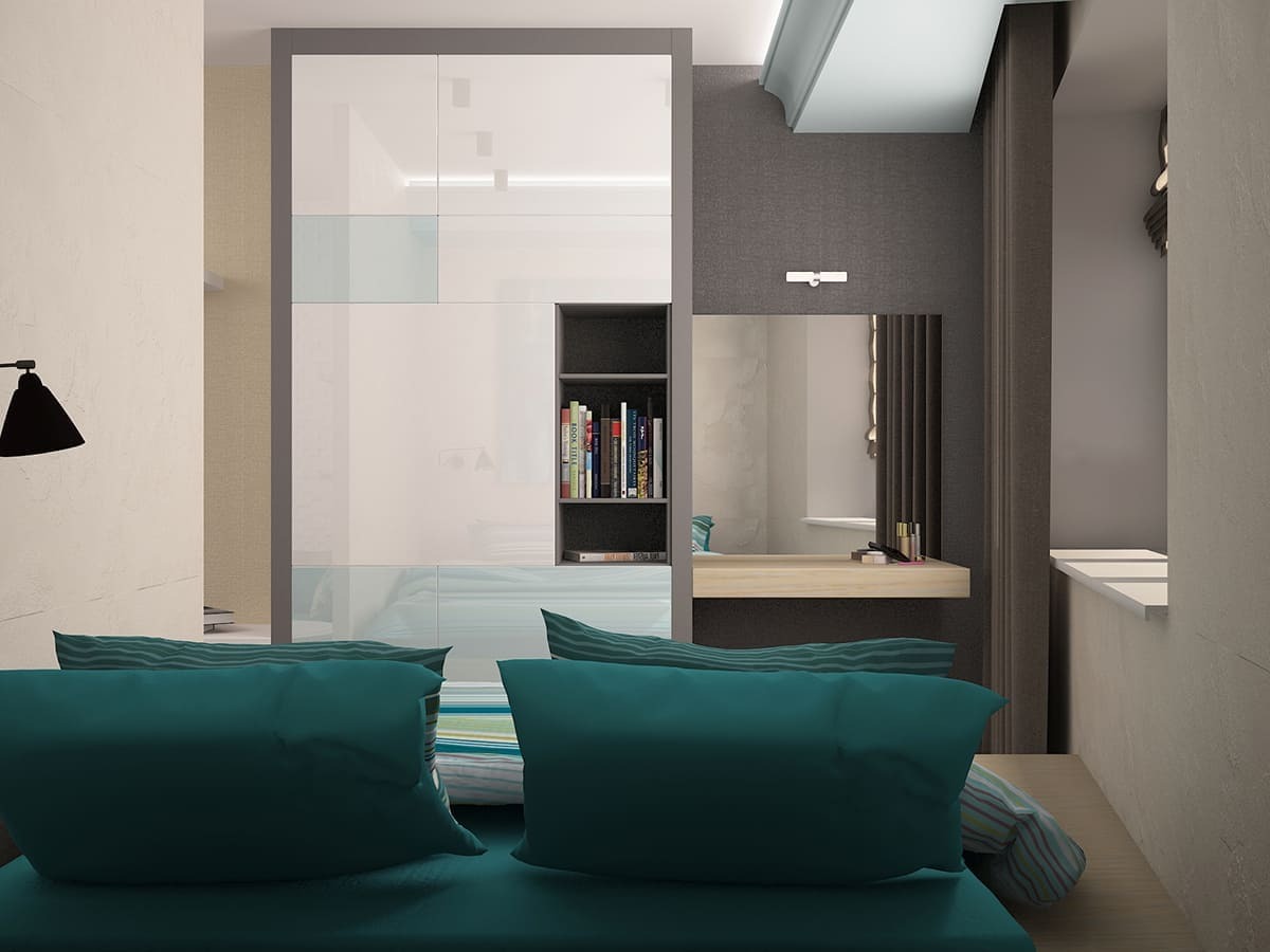 Зеркальный туалетный столик с подсветкой, настольной лампой и видом на спальное место