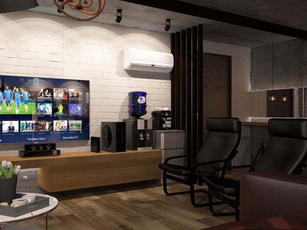 Современный дизайн офиса сервисного центра в стиле лофт с кирпичной стеной, деревянной ТВ-зоной, мягкими креслами и продуманным освещением. Комфортная зона ожидания для клиентов.