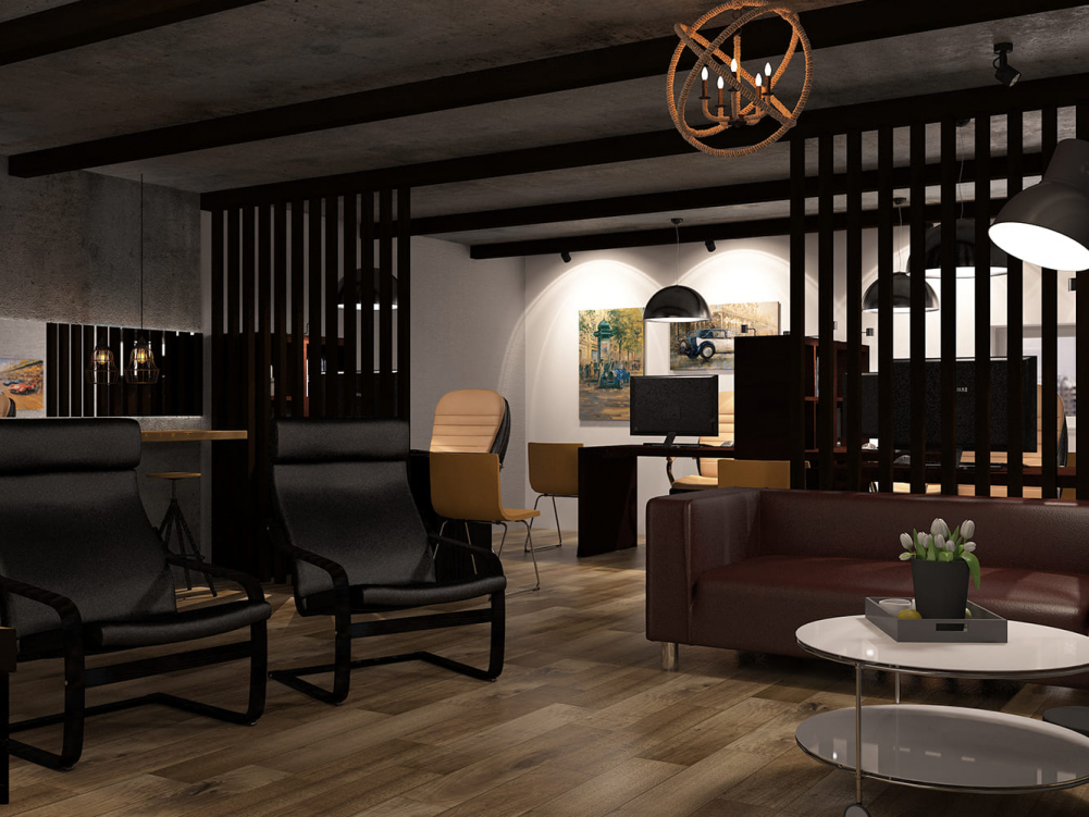 Функциональный интерьер сервисного центра с зонированием пространства, деревянными рейками и удобной мебелью. Эргономичная организация клиентской зоны и рабочего пространства.