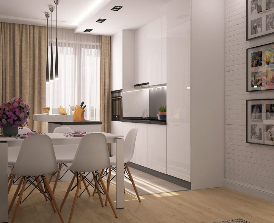 Просторная кухня с белыми фасадами и контрастной чёрной столешницей, украшенная современными барными стульями. Барная стойка и стильные чёрные минималистичные подвесные светильники