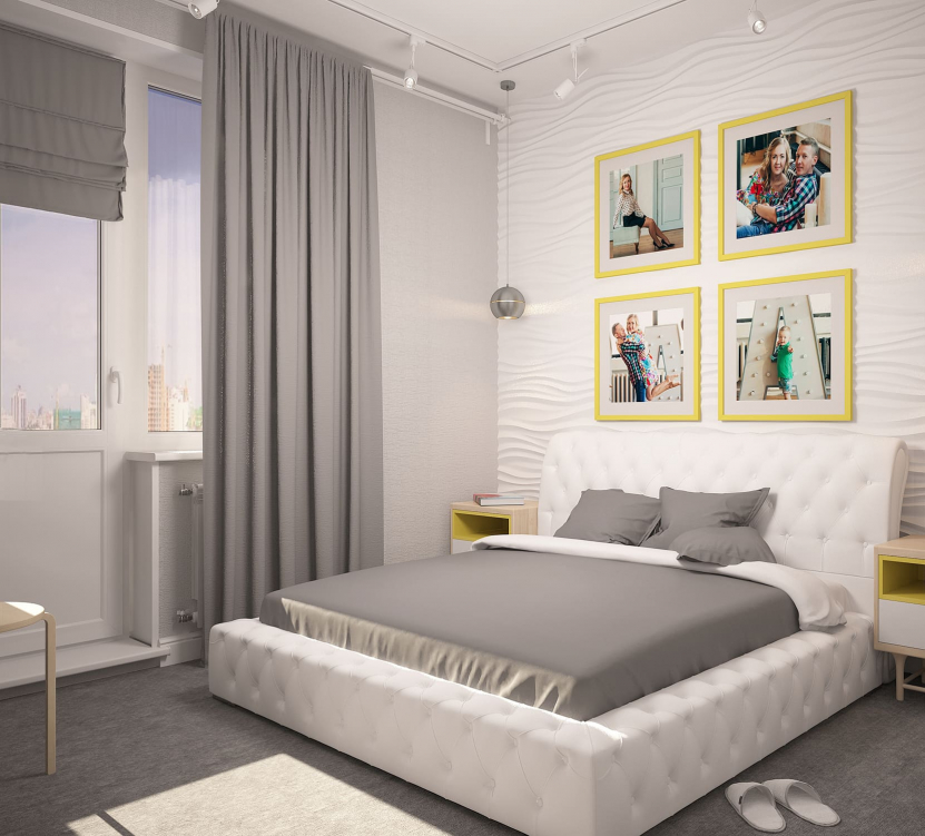 Интерьер современной спальни с белой мягкой кроватью