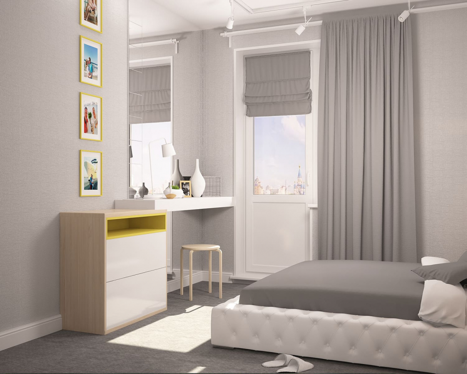 Спальня с удобным рабочим столом, отражающим минималистичный стиль. Яркие картины и функциональные предметы мебели создают гармонию и уют. Тонкие линии и мягкие ткани в интерьере создают приятную атмосферу для отдыха и работы.