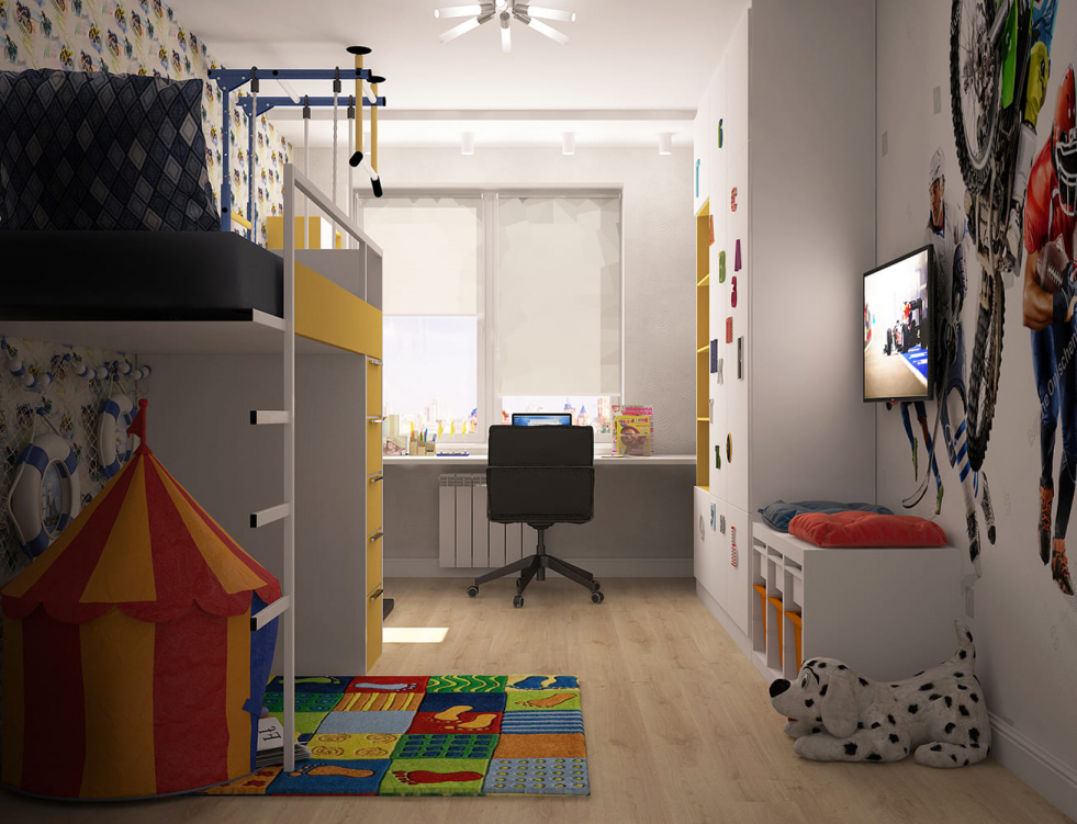 Детская комната с ярким декором и функциональным спальным уголком. Подъемная кровать с полками для хранения и яркие акценты на стенах создают комфортную и веселую атмосферу для ребенка.