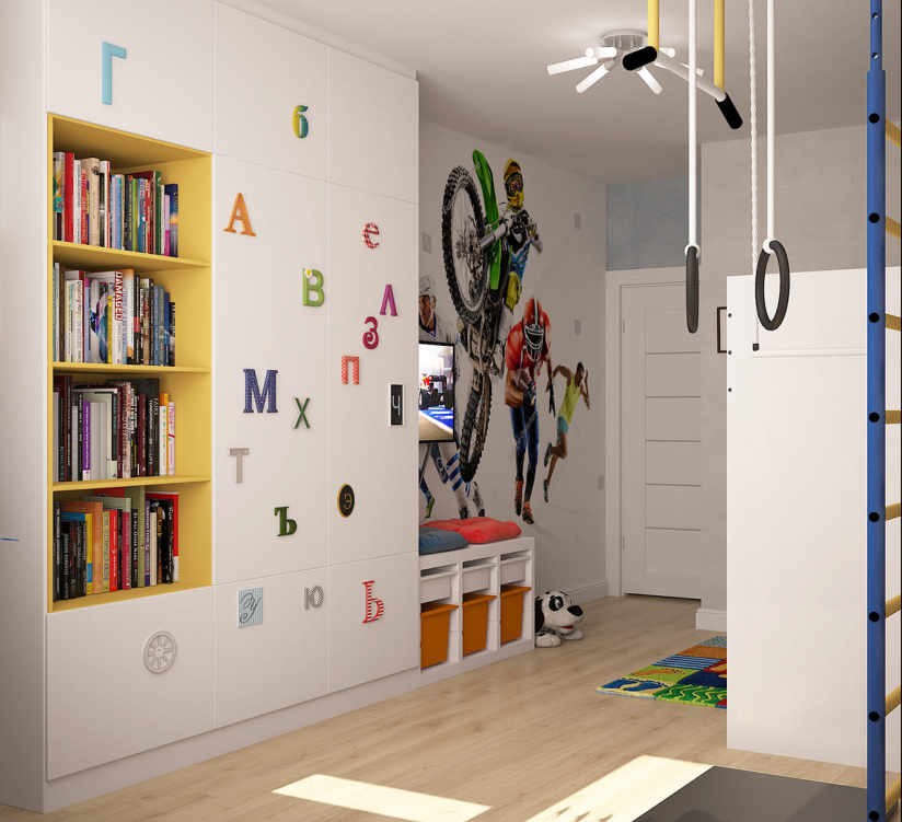 Яркая детская с открытыми полками для игрушек и спортивным уголком. Пространство для активных игр и хранения вещей создает удобную атмосферу для занятий и отдыха ребенка.