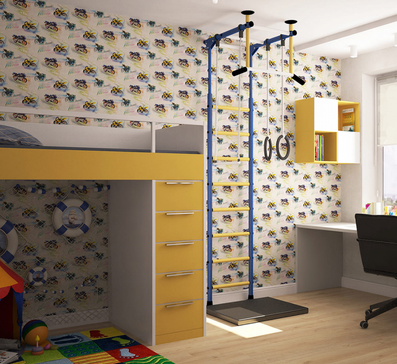 Удобная детская с элементами для физической активности &mdash; кольца и спортивные тренажеры. В комнате также есть рабочий стол для учебы, что позволяет ребенку развиваться как физически, так и умственно.