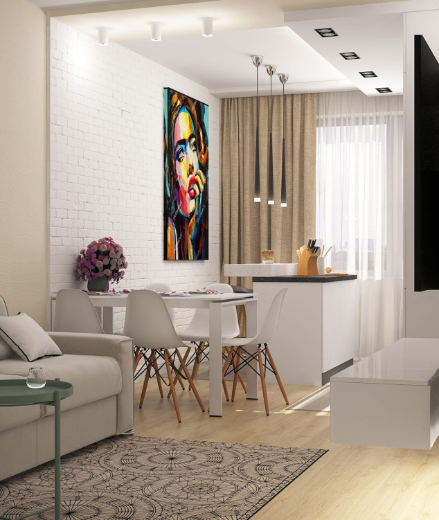 Кухня-гостиная с белыми стенами, яркими арт-элементами и современными картинами. Яркие картины на стенах создают стильный контраст с нейтральной палитрой, придавая интерьеру не только эстетический, но и эмоциональный заряд.