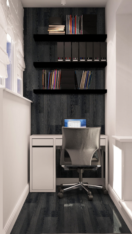 Интерьер кабинета на лоджии в новостройке в темных тонах