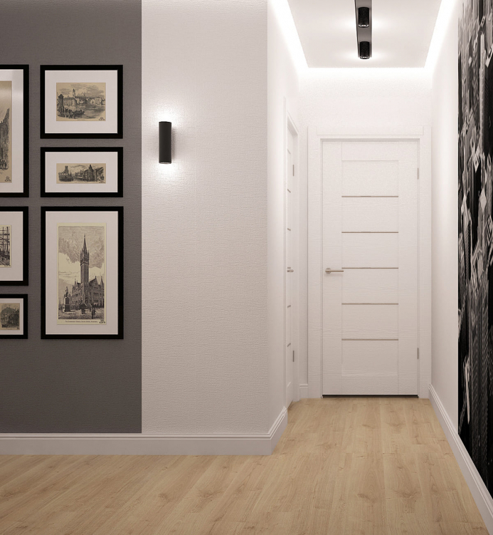 Современный коридор с художественными картинами и мягким освещением, подчеркивающими стиль.