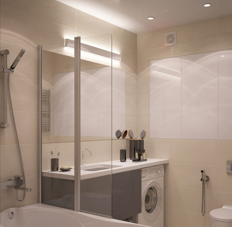 Ванная с элегантной отделкой и удобными полками для хранения предметов. Пространство организовано так, чтобы сохранить максимальную функциональность при минимуме деталей.