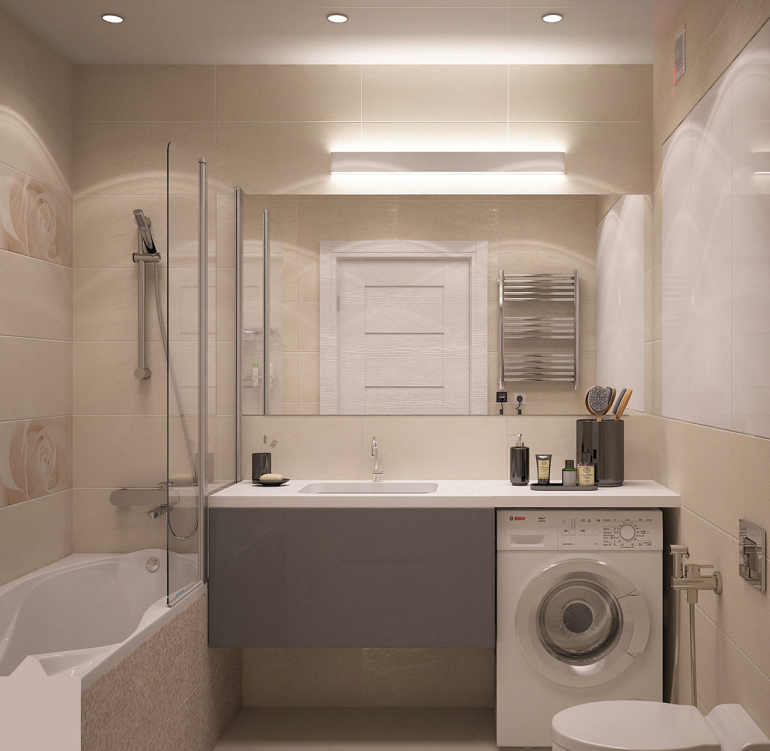 Практичная ванная с компактным умывальником и стиральной машиной, расположенными в гармонии. Дизайн выполнен в стиле минимализм с функциональными деталями для удобства.