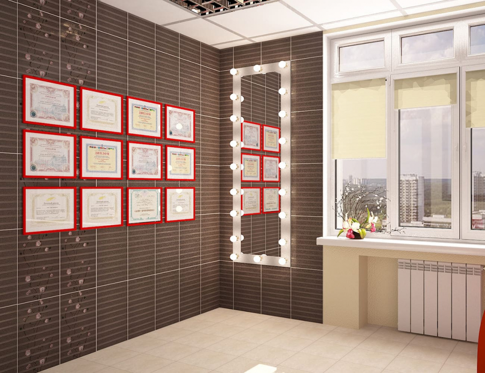 Оформление стены с сертификациями мастеров и стильным освещением, что подчеркивает профессионализм и стиль интерьера кабинета.