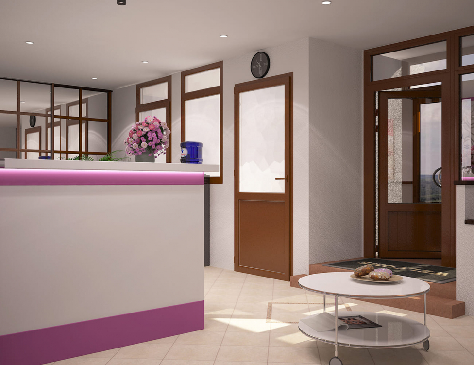 Ресепшн с яркими пурпурными акцентами и стильным дизайном, создающий первое впечатление о салоне. Чистота линий и практичные элементы отделки.