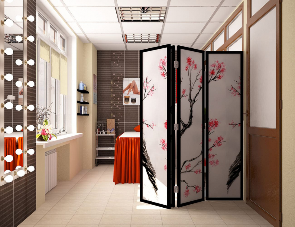 Стильный и функциональный кабинет с зеркалами и раздвижной ширмой с японским мотивом, который придает интерьеру оригинальность и стиль. Акцент на функциональности и удобстве для клиента и мастера.