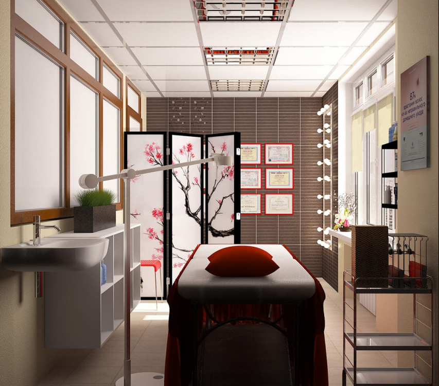 Рабочая зона для процедур шугаринга с красным текстильным оформлением и стильным декором, создающая атмосферу уюта и комфорта.