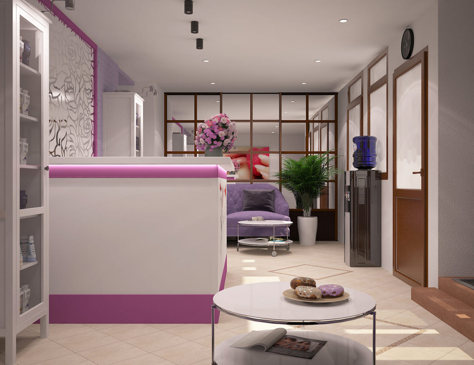 Просторная и удобная рабочая зона для мастеров с необходимыми элементами мебели и оборудования, создающая комфортные условия для работы.