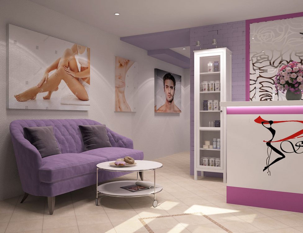 Просторная и удобная зона ожидания для посетителей салона красоты с мягким диваном, кофейным столиком, акцентными картинами на стене