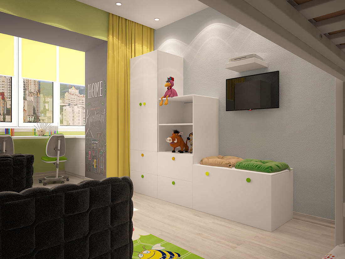 Детская комната с ТВ-зоной, системой хранения и пространством для игр
