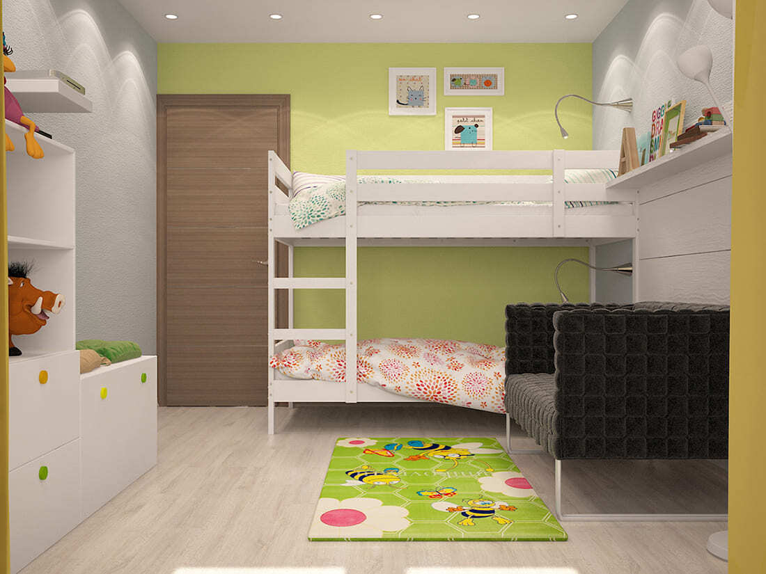 Интерьер детской с двухъярусной кроватью и игровой зоной в светлых оттенках