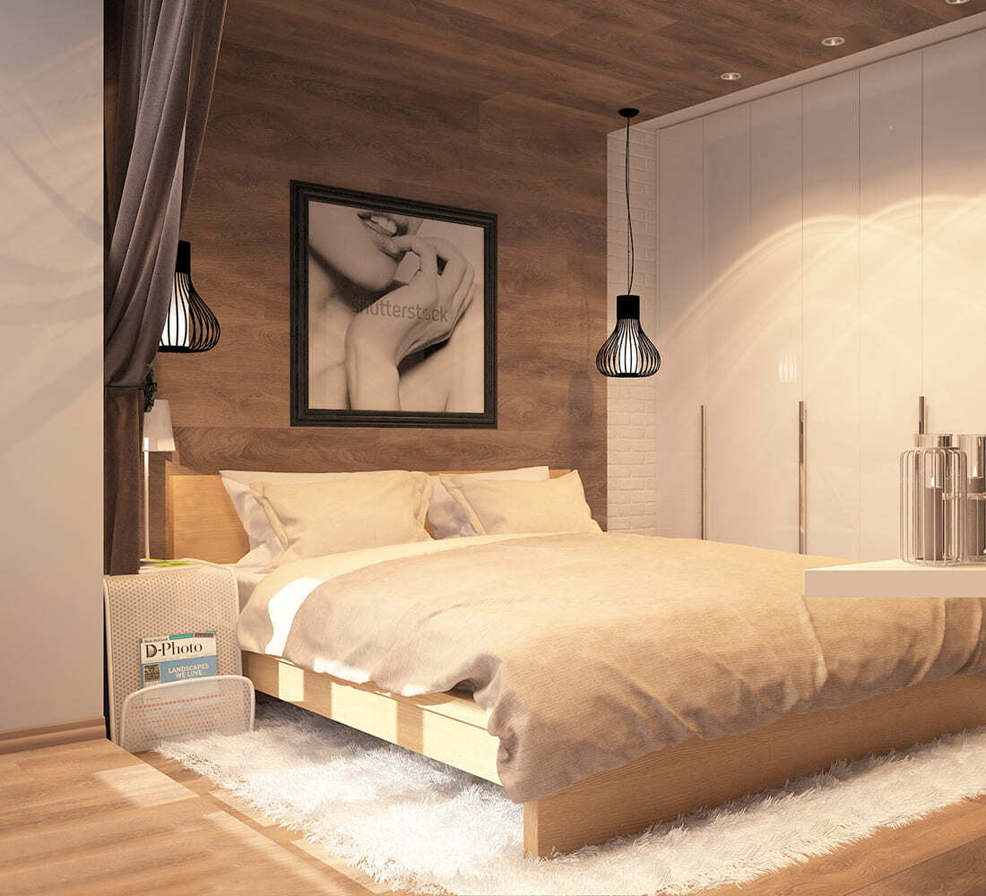 Интерьер спальни с объёмными шторами и мягким освещением в натуральных оттенках