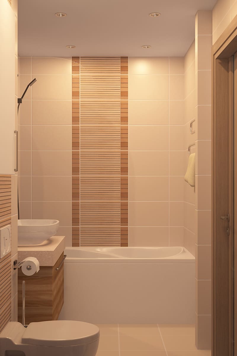 Интерьер ванной комнаты с раковиной, зеркалом и подвесными шкафами