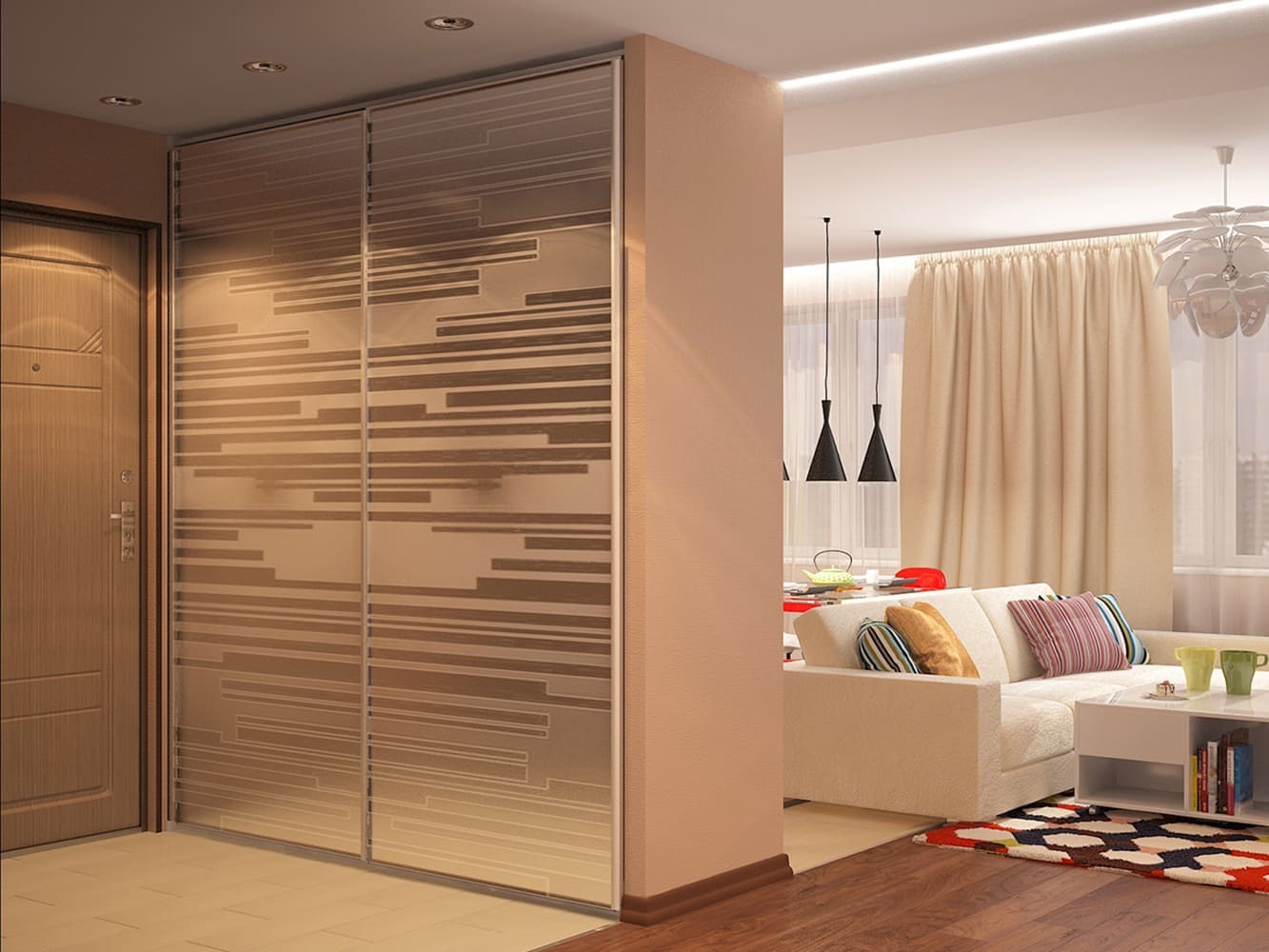 Современная прихожай с раздвижным шкафом и видом на кухню-гостиную