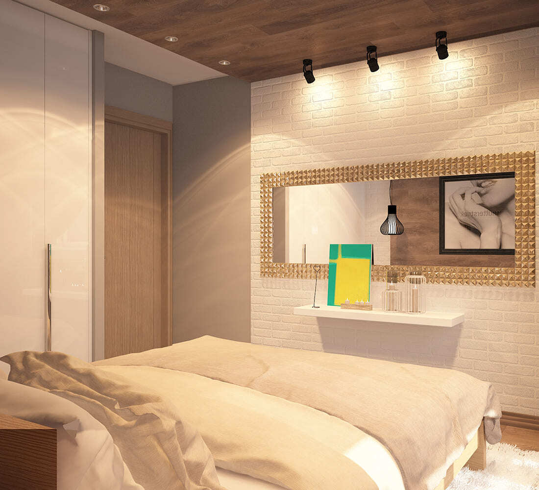 Уютная спальня в современном стиле с тёплой подсветкой и деревянными элементами
